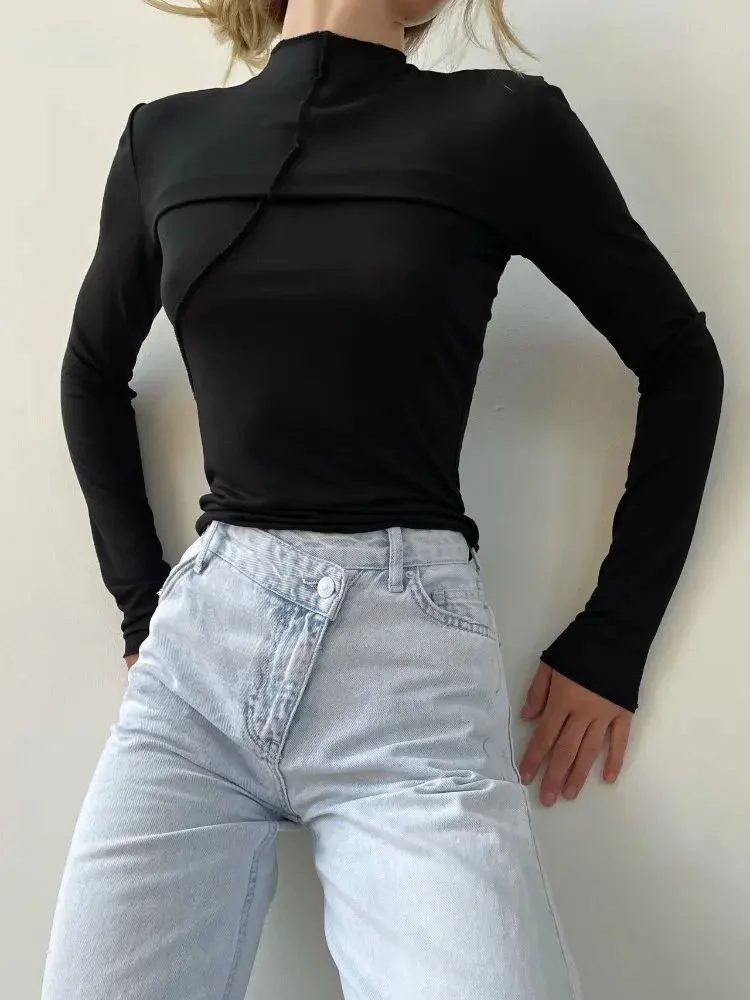 Sumuyoo Splice Slim Fit Long Sve Women Tirt Spring Autumn Season Other Material 00% Base Layer Pants Ladies Faion