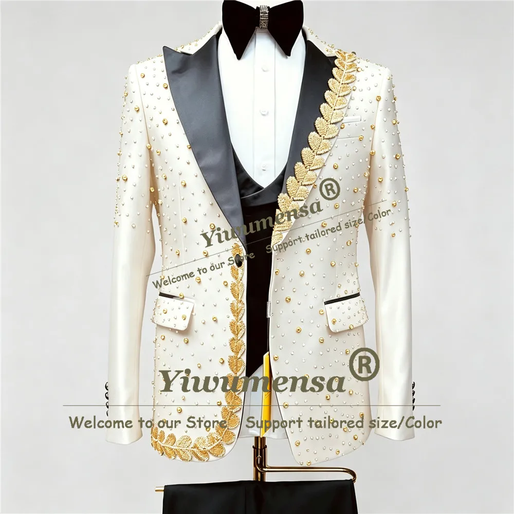 Groom Suit For Wedding Exquisite Gold Beading Stones Appliques Single Breasted Jacket Vest Pants 3 Pieces Sets   Costumes Hommes