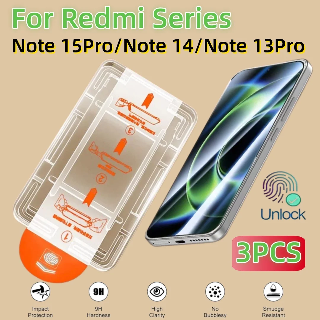 

3PCS Dust Free Tempered Glass For Xiaomi Redmi Note 15Pro 14 13 Pro 5G 12 12turbo 11 10 9 8 7 12C 10C A3 12S Screen Protector