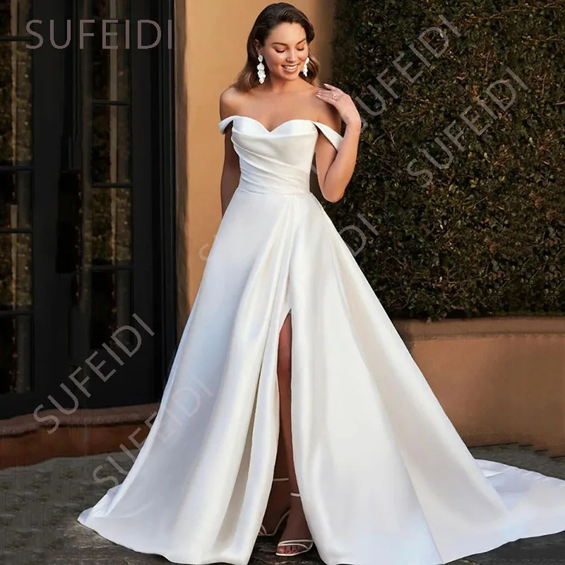 Vestidos de novia elegantes de satén, corte en A, vestidos de novia con abertura lateral, plisados elegantes, escote en forma de corazón, vestidos sexuales para fiesta de boda personalizados