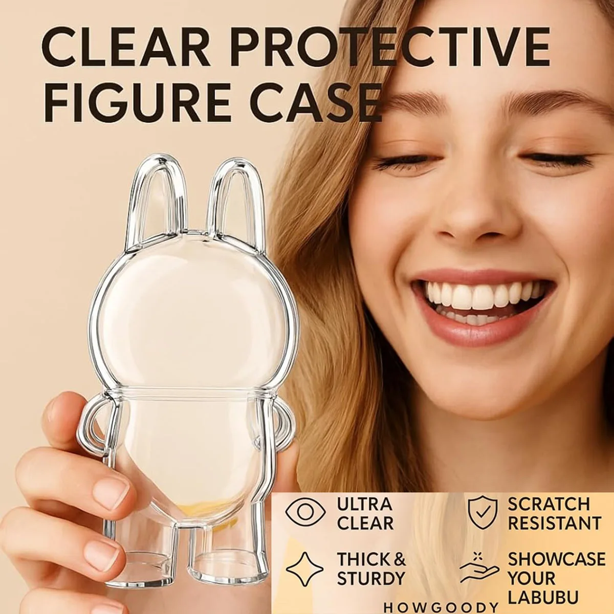 Protective case suitable for Labubu standing doll (macaron up to 3.0) - transparent collection box with silicone tape, dustproof