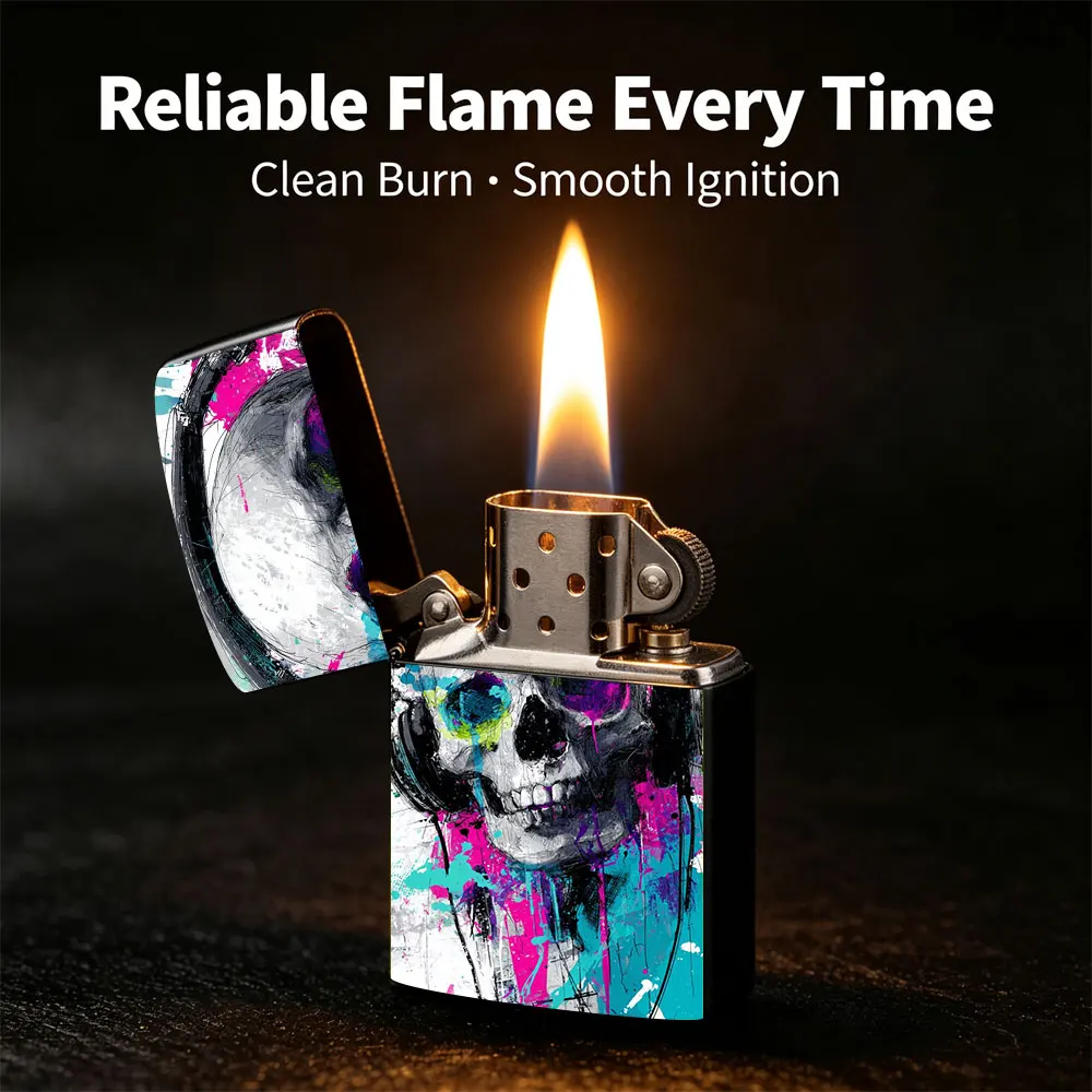 Pocket Lighter, Skull with Headphones & Sunglasses Art Print, Metal Flip-Top Windproof Design, Comfortable Grip, Portable & Durable