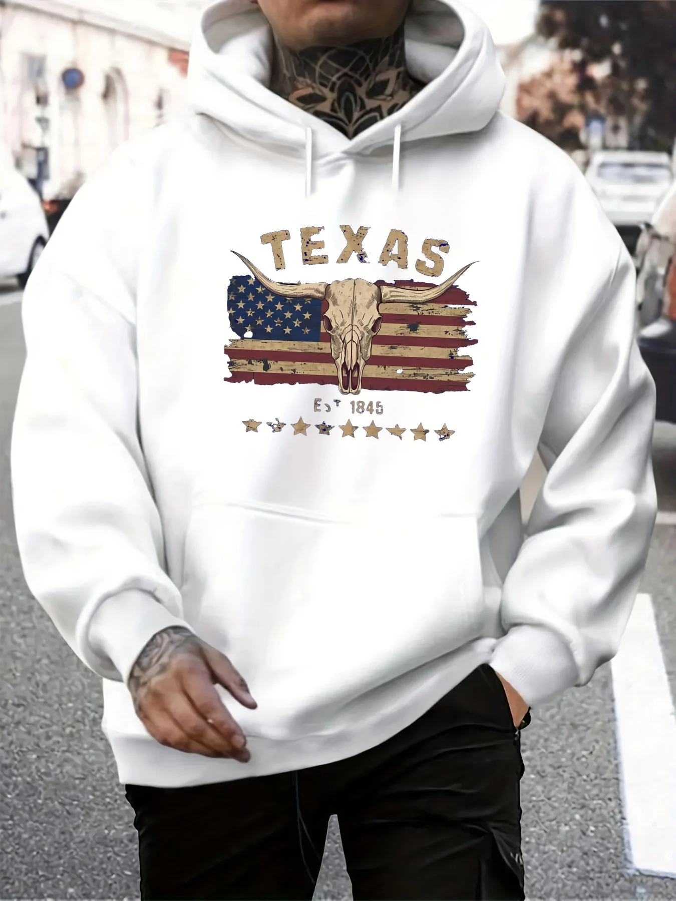 Outono e inverno masculino casual solto moletom com capuz com texas longhorned vaca crânio padrão manga comprida pulôver quente