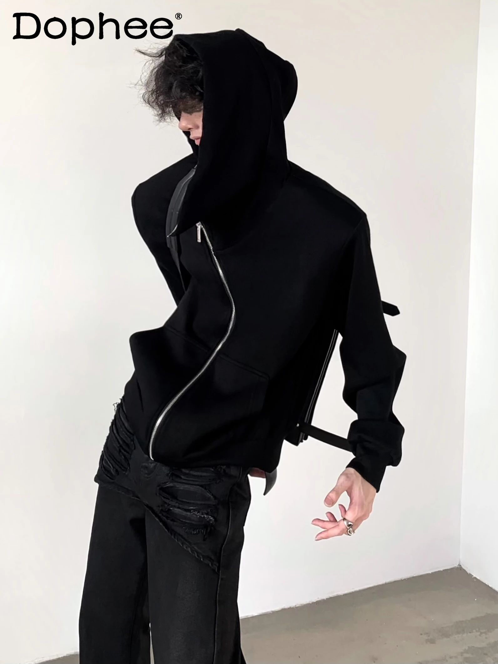 

2024 Autumn Fashion Short Hooded Sweatshirts Men's Solid Color Long Sleeve Zipper Jackets Trendy Asymmetric Personality Hoodies