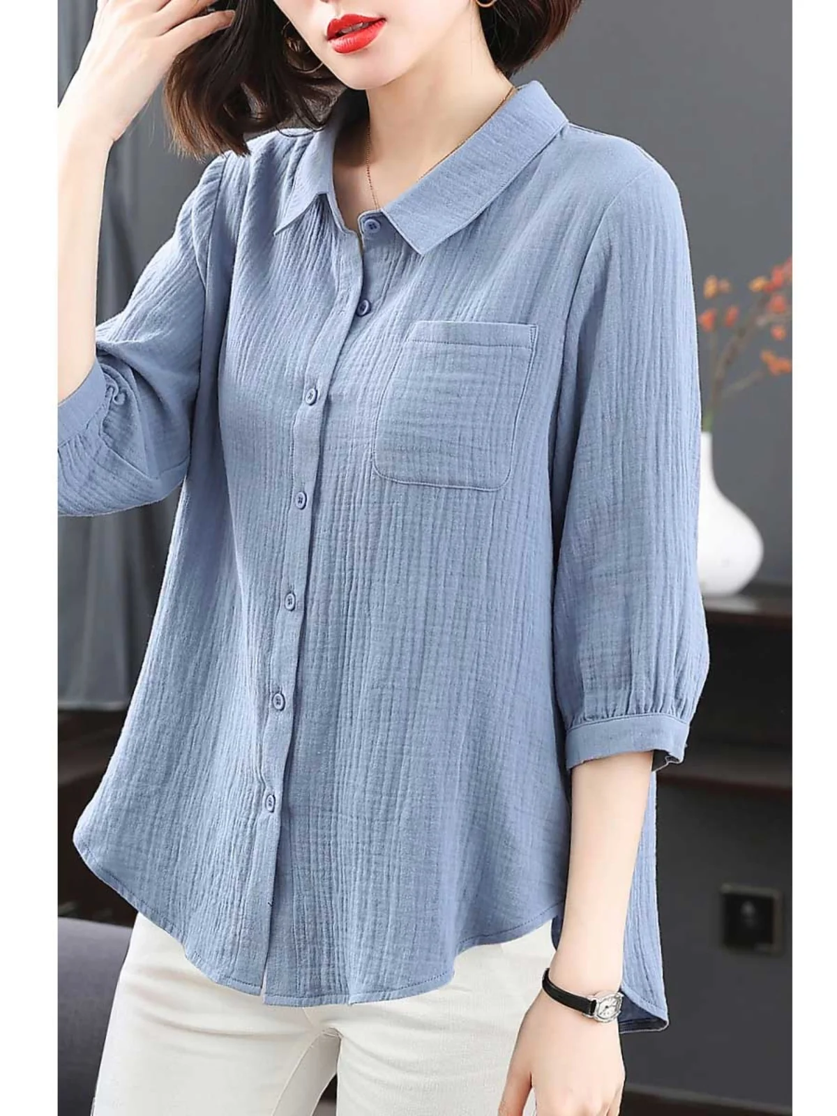 

Свободный крой, повседневный, из хлопка и льна, женский, большие размеры, Seven Sve, топ на животе, весенне-осенний воротник, дизайн