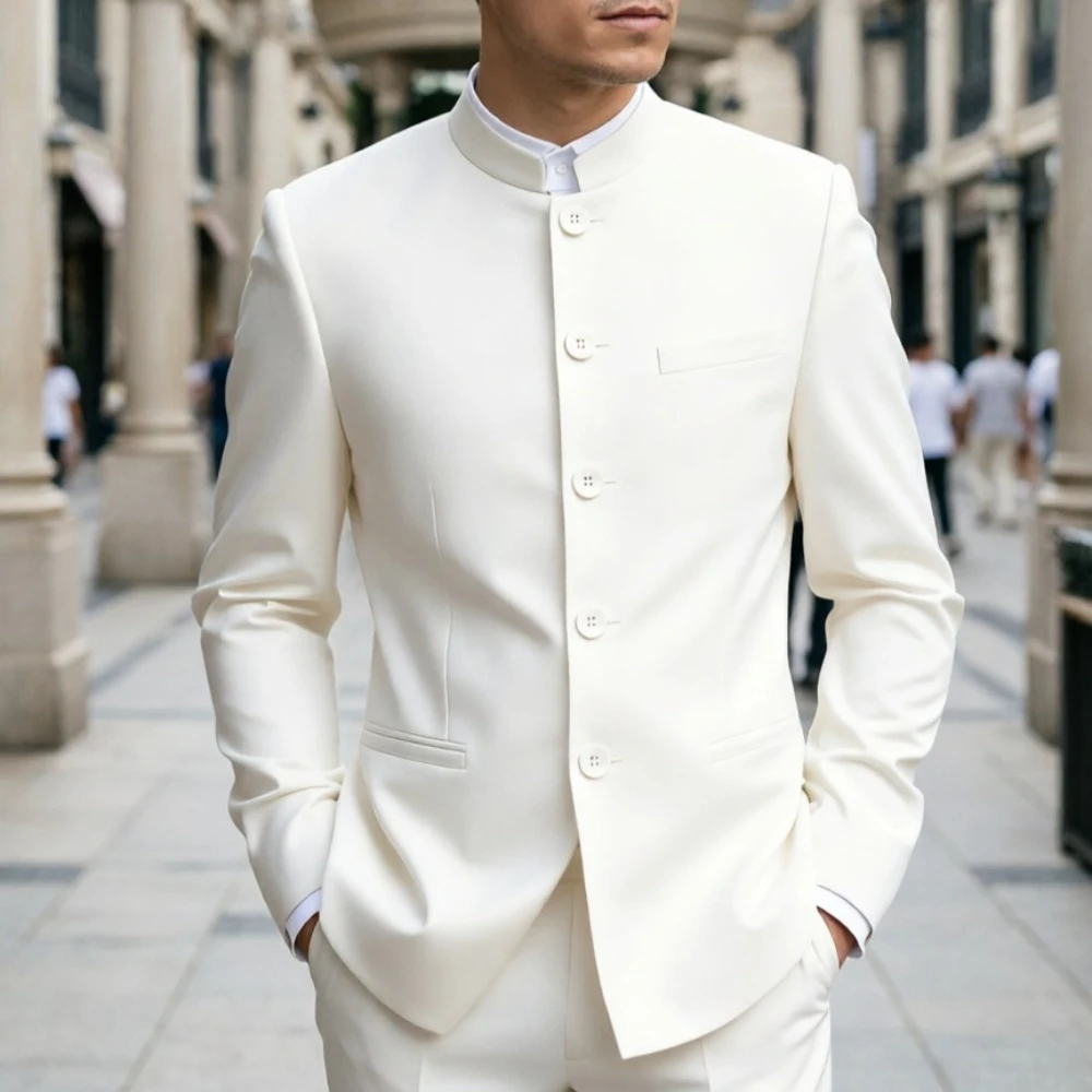 

Safari Man Suit Slim Fit White Men Single Breasted Solid Color 2 Pieces All Season Daily Casual Blazer Pants Set for Young Men