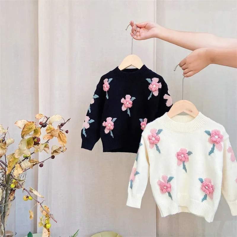 Suéter de malha infantil, pulôver de flor doce, tops infantis, roupas sólidas para bebês, outono e inverno