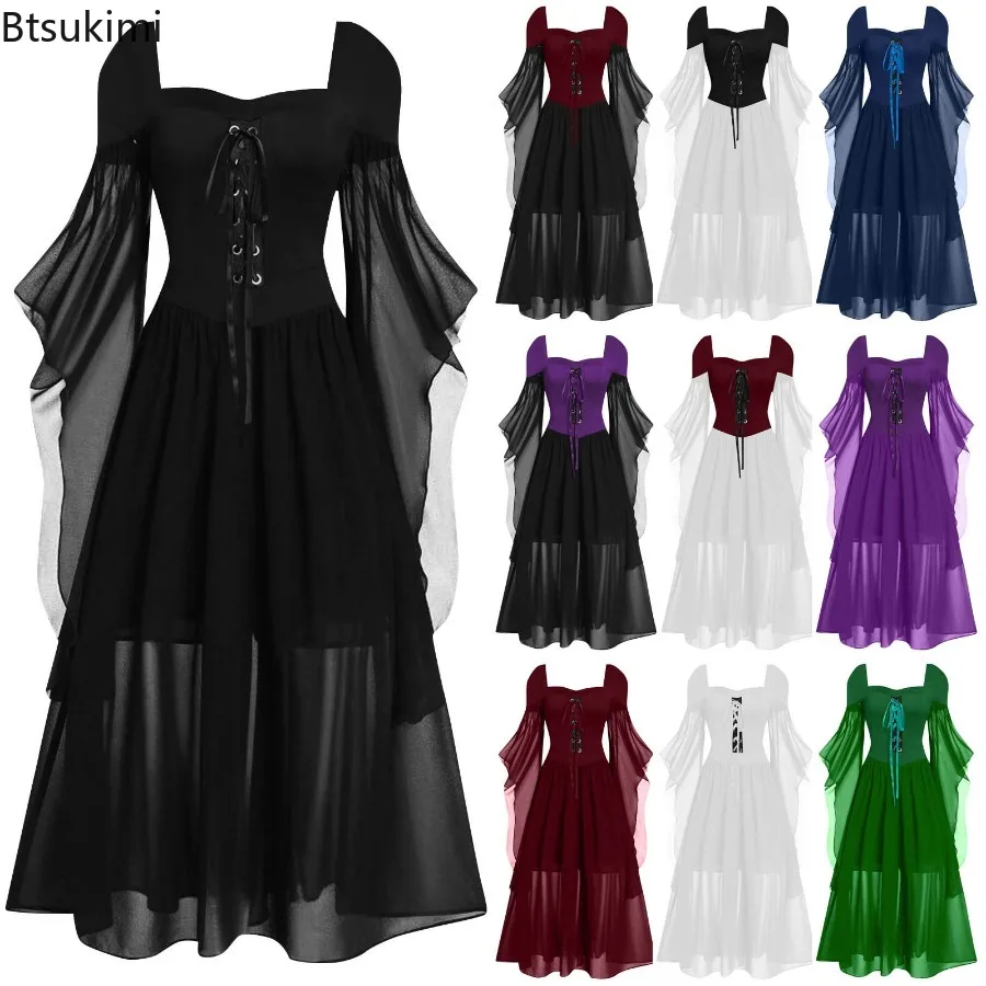 

Women Vintage Gothic Dress Halloween Witch Cosplay Costumes Off Shoulder Lace-Up Medieval Maxi Dress Retro Carnival Party Dress