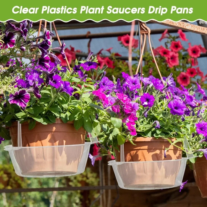 Transparent Round Plastic Hanging Basket with Drip Tray,Hanging Plant Tray with Built-in Hooks ,Water Catcher,Indoor and Outdoor