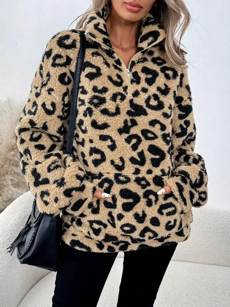 Fashion Leopard Print Sweatshirt For Women Autumn Winter New Casual Warm Plush Long Sleeve Stand Collar Zipper Pocket Top