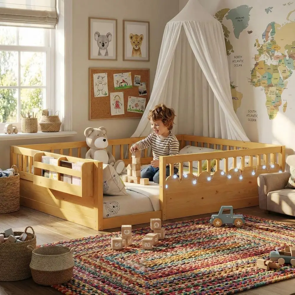 

Двуспальная кровать с высокими бортиками, светодиодной подсветкой, местом для хранения и широким проходом для детей - подходит для мальчиков и девочек, натуральный стиль