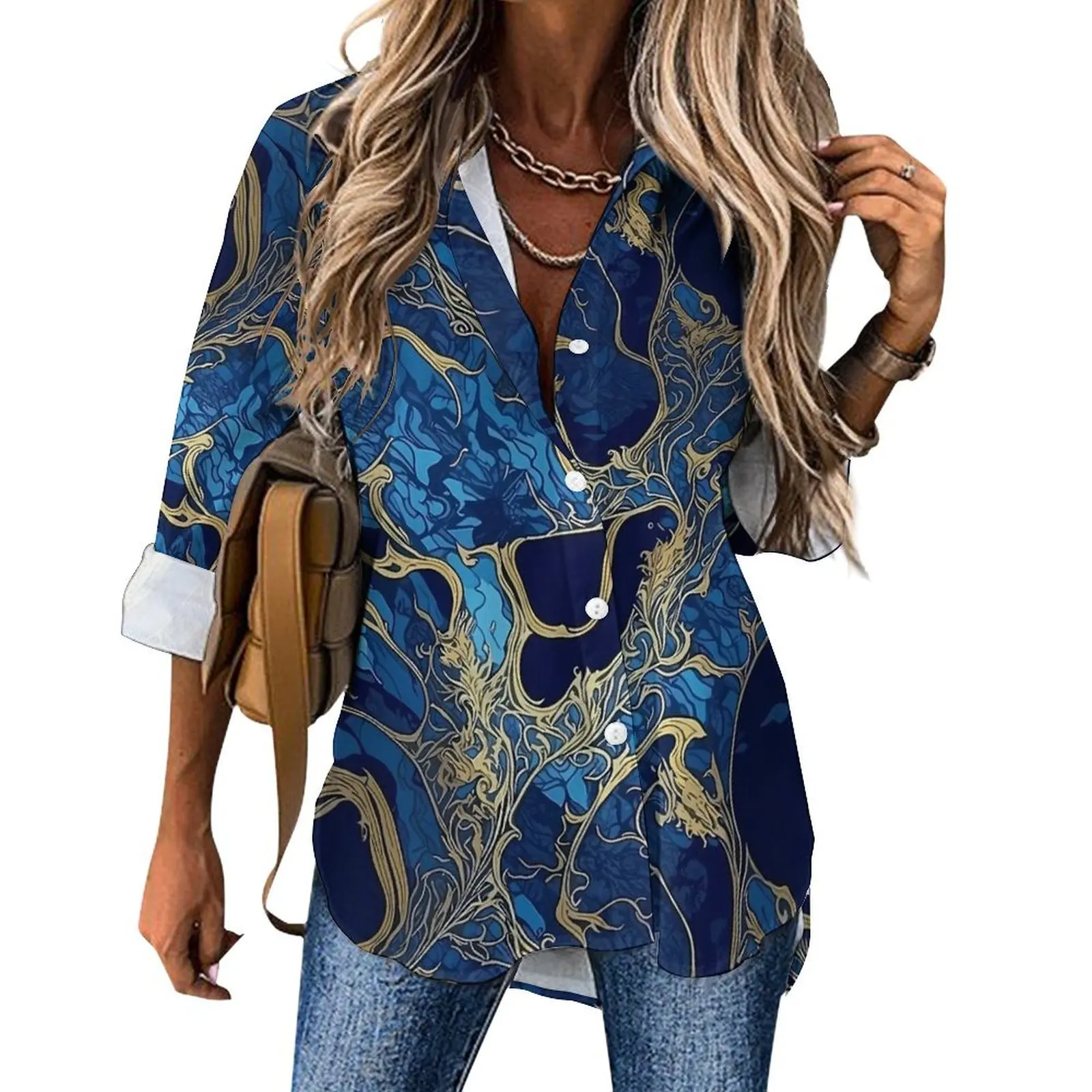 Abstract Japanese Seigaiha Casual Blouse Blue and Gold Office Work Blouses Lady Long Sleeve Basic Shirts Spring Oversize Clothes