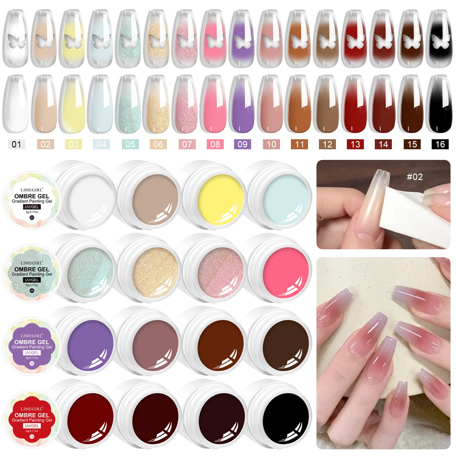 LIMEGIRL 16 Farben Farbverlauf-Malgel, langanhaltender Nagellack, französisches Nagelmalgel, geeignet für Nagel-DIY-Kunstdesign