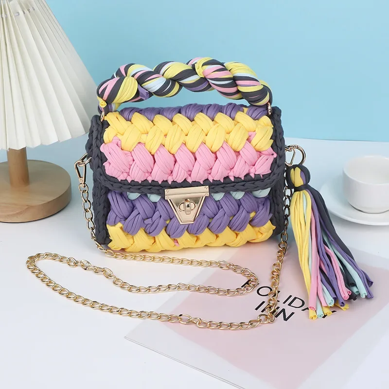 Finished Hand-Woven Cloth Bag Women's Cross-Body Bag Chain Bag2024Hot Sale Women's Tote Macaron Color Shoulder Bag Clutch