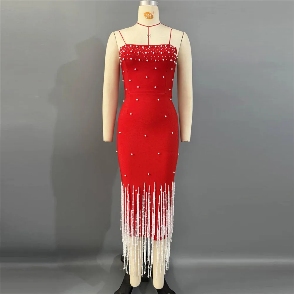 Nouvelle Arrivée 2026 Robe Bandage Femme Sans Bretelles Ornée de Perles et de Pompons, Robe Midi pour Soirées et Clubs