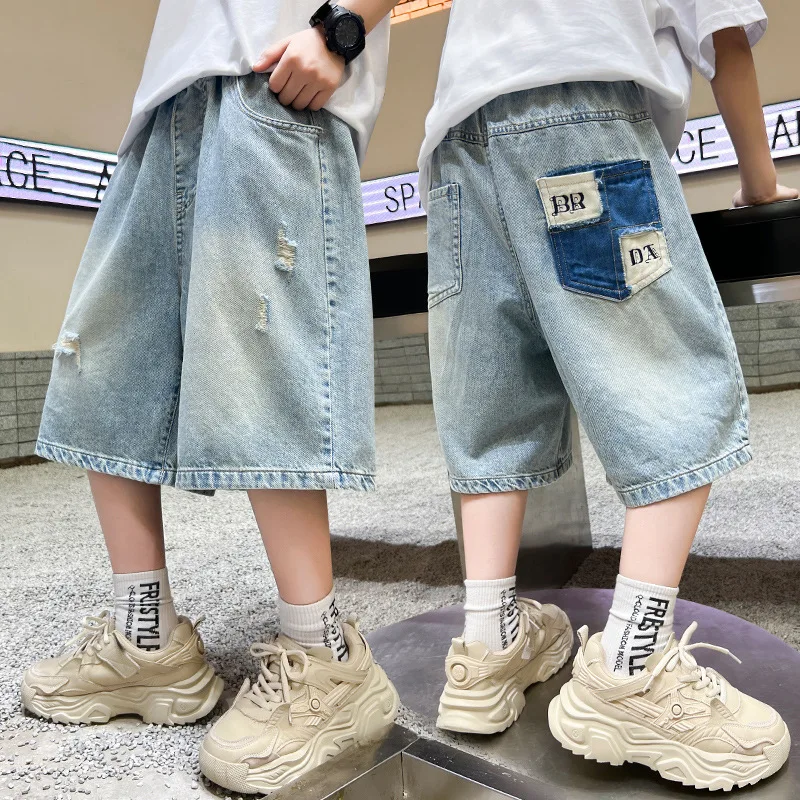 Tweens Children Fashion Casual Calf Length Ripped Denim Shorts with Hole for Boys Thin Five-Point Pants Kids Summer Capri Jeans