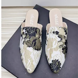 Women Black Designer Slides Mules Chinese Style Embroidery Printed Front Closed Toe Slippers For Wide And Narrow Feet 33-48 27cm