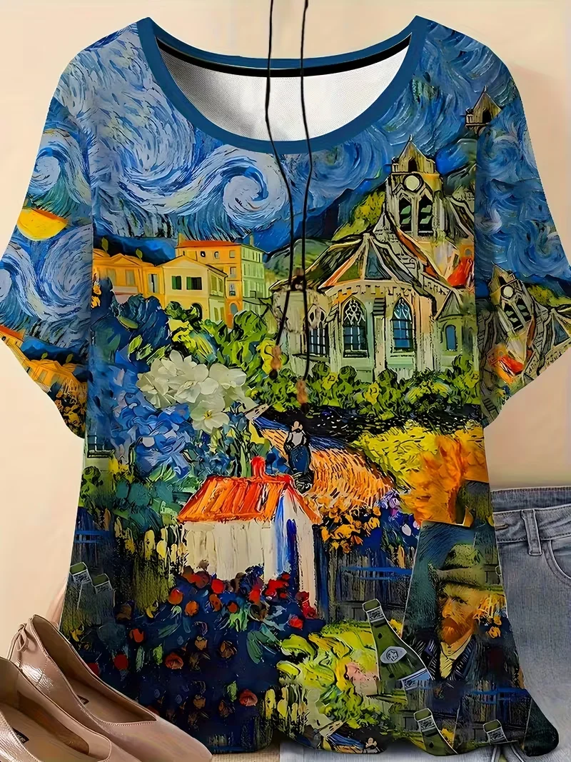 

Adult and Children's Leopard Print Sunflower, Oil Painting Patchwork Top, Western Style 3D Print Loose Short Sleeves