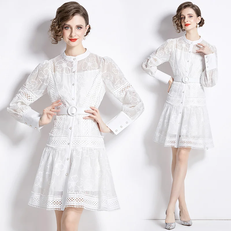 

Женское модное платье Ele с воротником-стойкой, вырезами и цветочным узором, весна 2024, из полиэстера, с длинными рукавами, приталенное