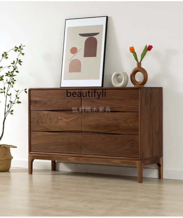 Nordic Black Walnut Wooden Chests of Drawers Storage Cabinet Log Drawer Storage Cabinet Mortise and Tenon Side Cabinet