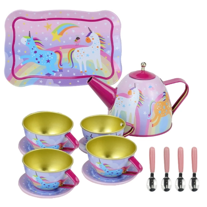 Kitchen Toy with Teapot Spoon Tray Children Role Playing Teaset Birthday Gift