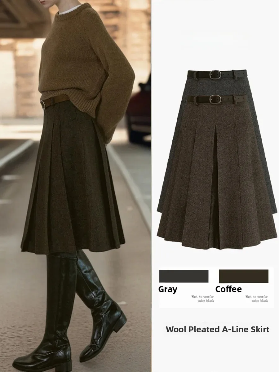 Caramel Thick Woolen A-Line Midi Skirt Women's Autumn Winter New High Waist Commute  Skirt Small Size Midi Length Pleated...
