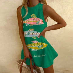 Women's Fish Printed Dress Green Sleeveless Summer Vacation Casual Short Dresses Bohemian Dating Beach Midi Skirt