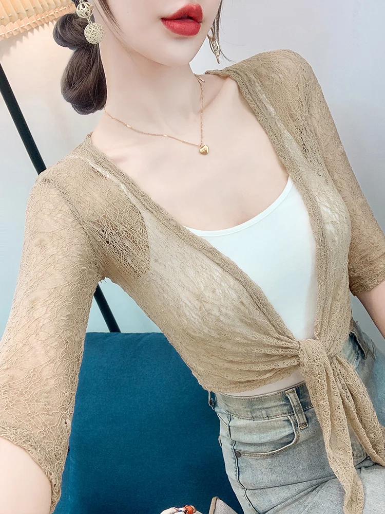 

Lace ort Cover up Jaet Women's Summer Svel V-Ne Hollow out Outerwear Cardigan Sli Commute Korean Sle