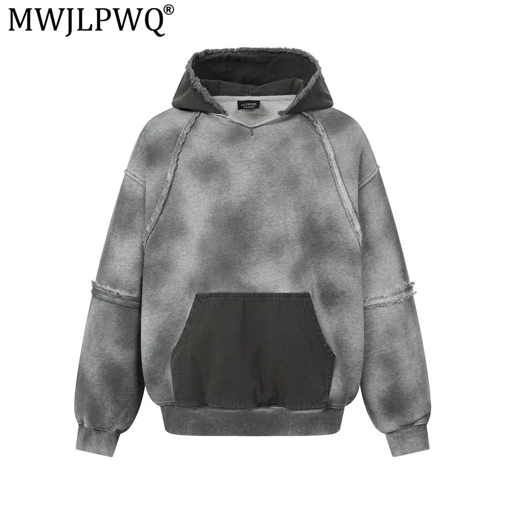MWJLPWQ Tie-Dye Distressed Dirty Hooded Sweatshirt For Men Trendy Niche Color-Blocking Raw Edge Washed Pullover Tops Chic 20842
