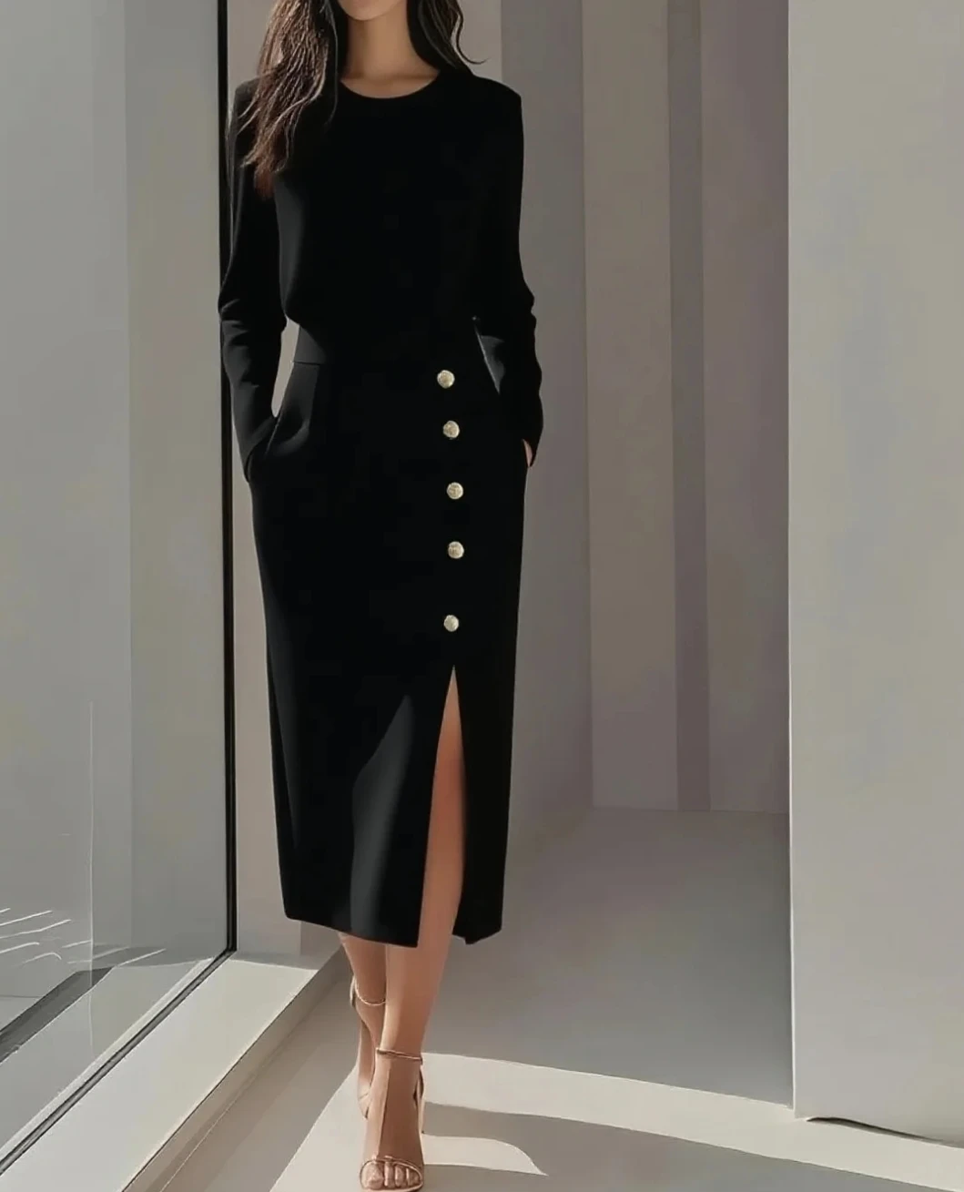 Solid Color Long Sleeves Pocket Button Decorated Slit Midi Dress