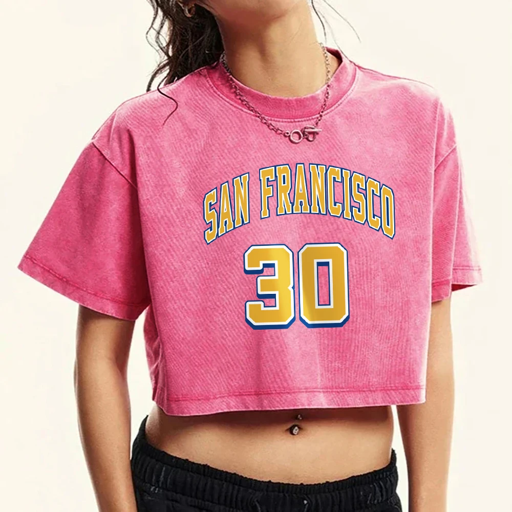 San Francisco 30 Yellow Letter Prints Women Washed Slim T Shirt Summer Fashion Short Sleeve Retro Clothing Casual Cotton T-Shirt