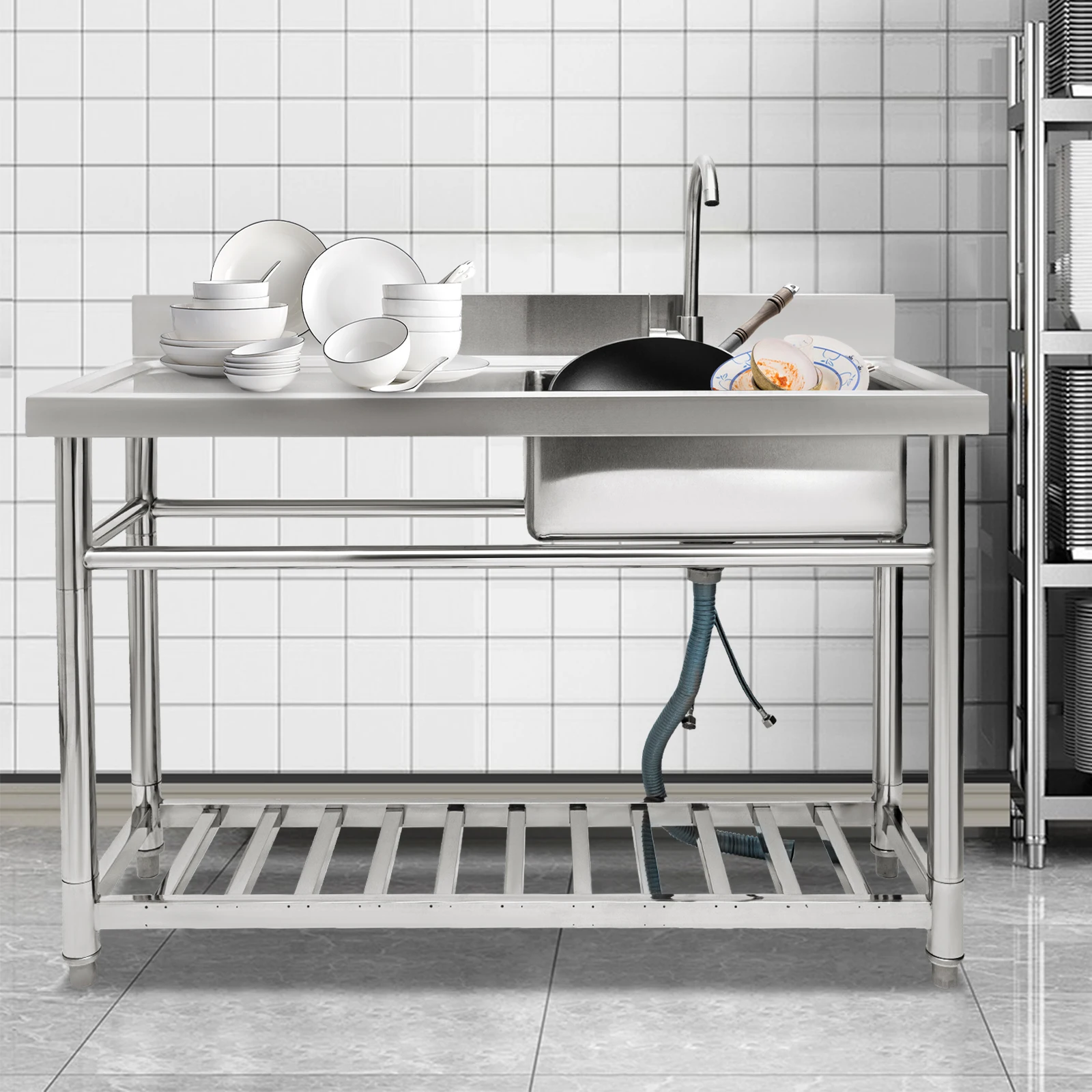 

Коммерческая кухонная мойка, 1 отделение, стол для приготовления со смесителем, нержавеющая сталь 201, 47,24*19,69*31,5 дюйма