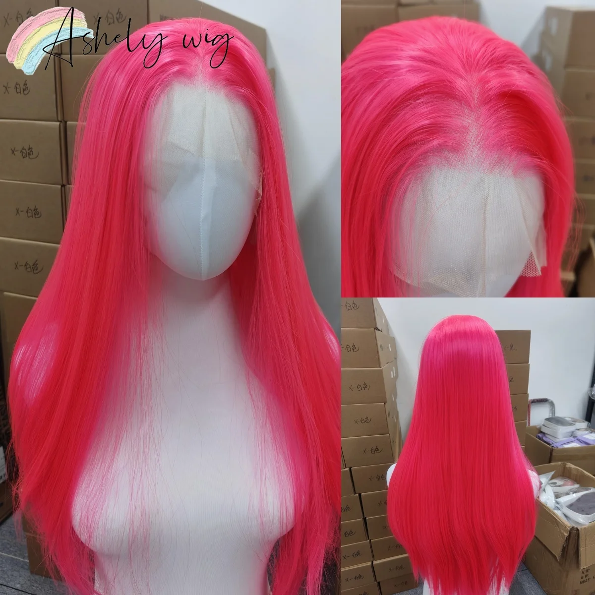 

Ashely Fluorescent Pink Lace Front Wig 26inhc Long Straight Wig for Women High Quality Fibers 13*4 Synthetic Lace Wigs Cosplay