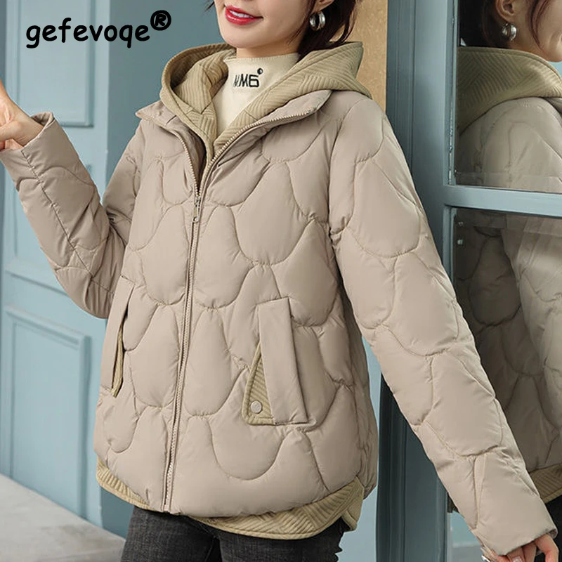 

Winter Women Casual Streetwear Down Cotton Padded Coat Trendy Patchwork Loose Quilted Hooded Jacket Long Sleeve Irregular Parkas