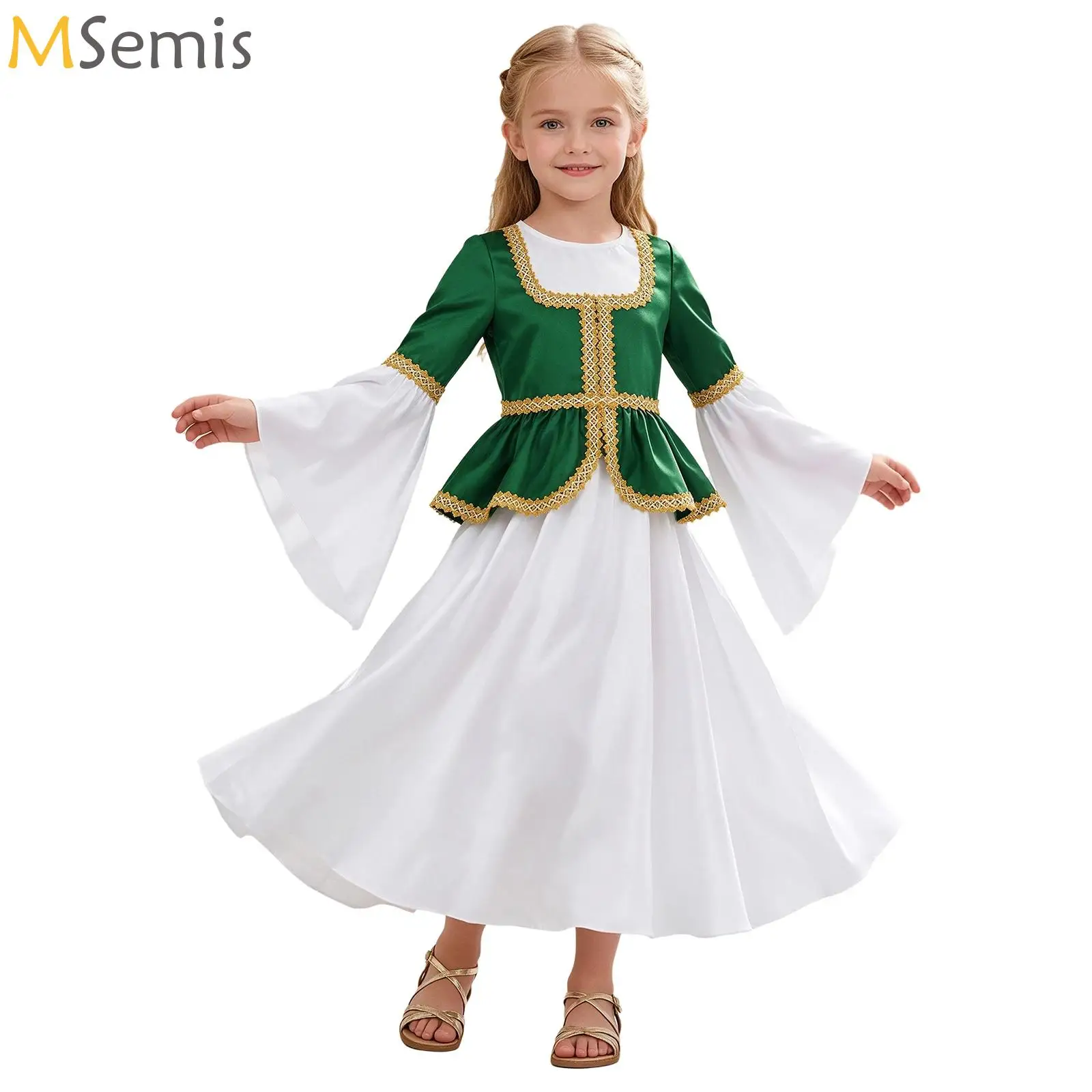 Robe de carnaval médiévale à manches longues évasées, style princesse, pour enfants, robe rétro de rennaissance avec jupe plissée, costume de cosplay de reine.