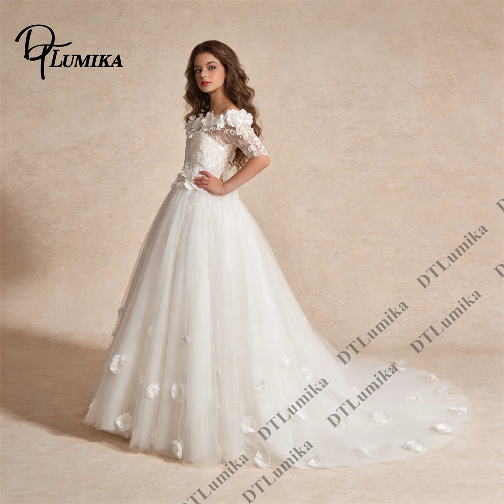 DTLumika Women's Tailored Wedding Dress Half Sleeves 3D Floral Details Ball Gown Bride Dresses with Court Train Off Shoulder