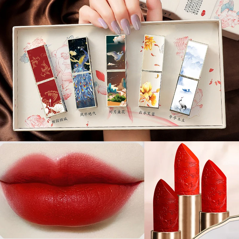 

5pcs/set Middle and Rear Gift Box Set Chinese Style Carved Lipstick Matte Lipstick Lip Glaze Moisturizing free shipping