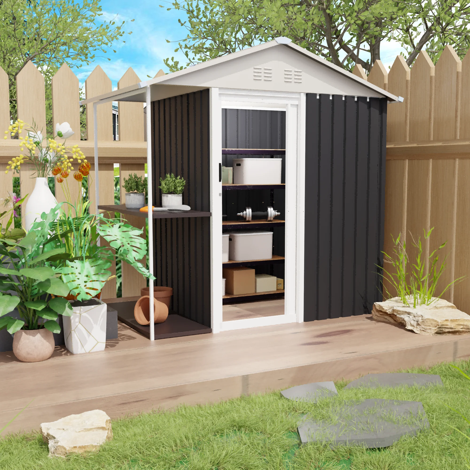6 X 4 FT Outdoor Storage Shed With Rack Metal Shed With Storage Shelves Bike Tool Cabinet Box For Lawn Backyard Patio Use