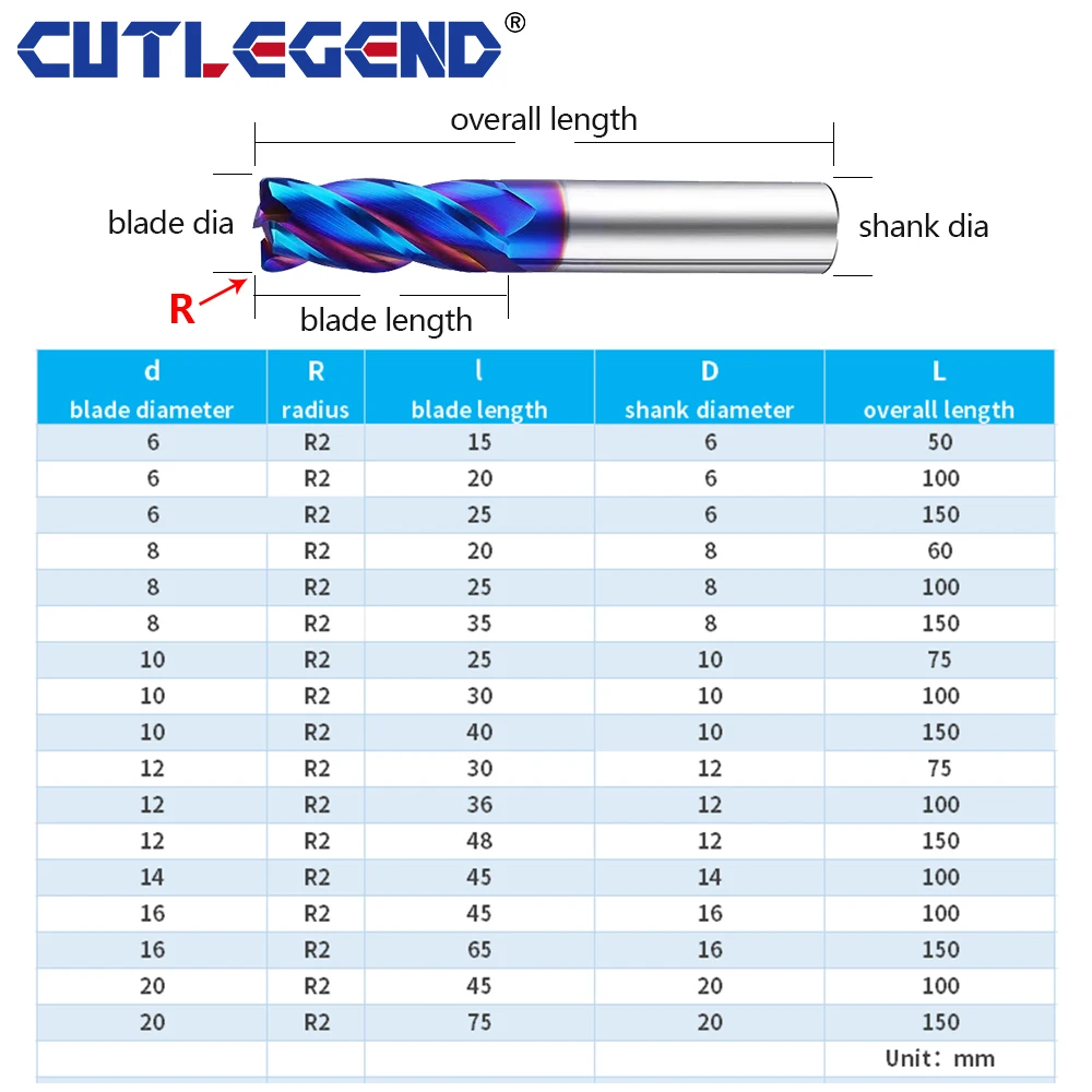 Tungsten carbide Corner Radius R2 End Mill HRC65 4 Flutes 6 8 10 12mm Metal Router Tool Surface Machining CNC R Bullnose Cutter