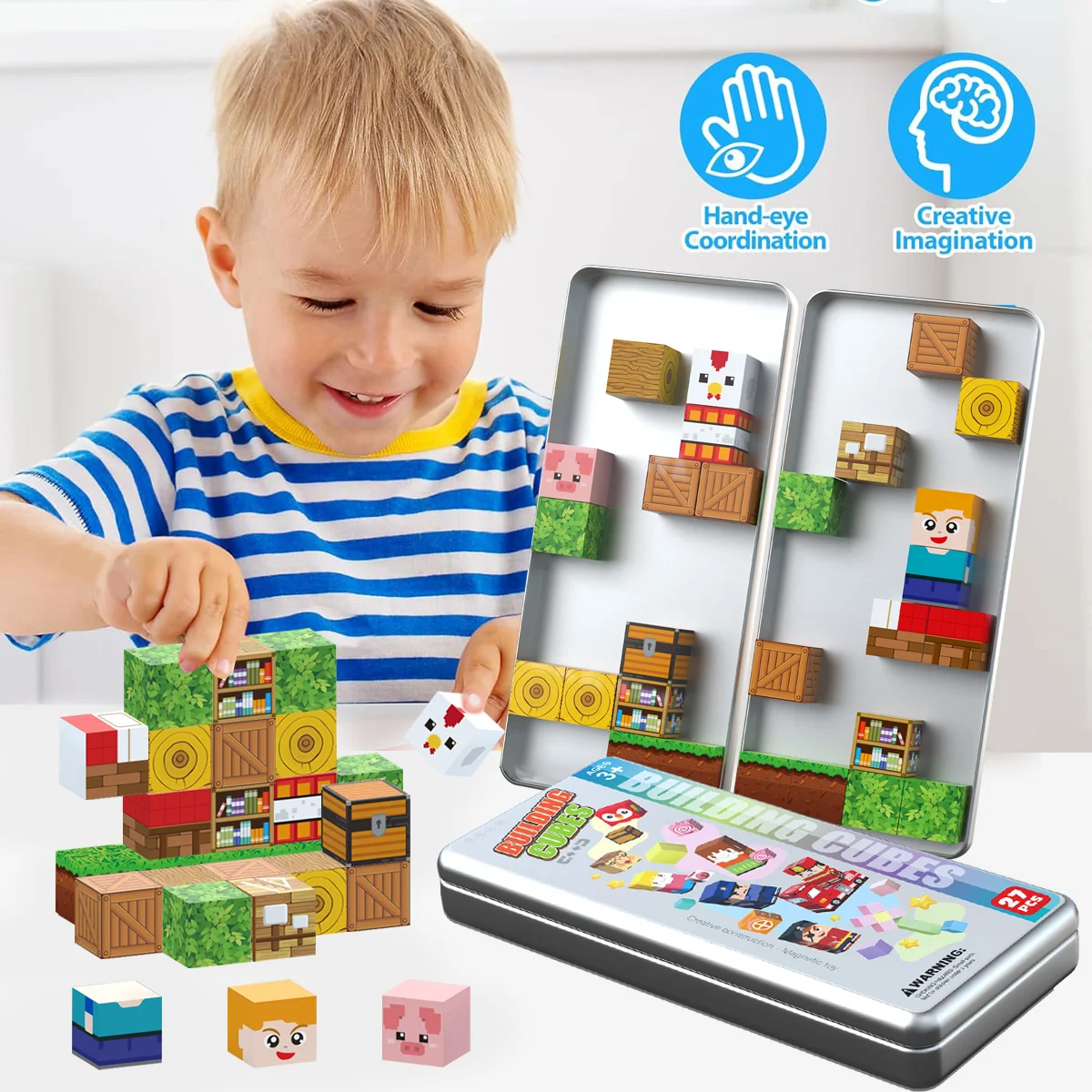 27pcs Iron Box Magnetic Block Set,Magnetic Tiles,Children's Puzzle Building Blocks Toy,Preschool Educational Building blocks Set