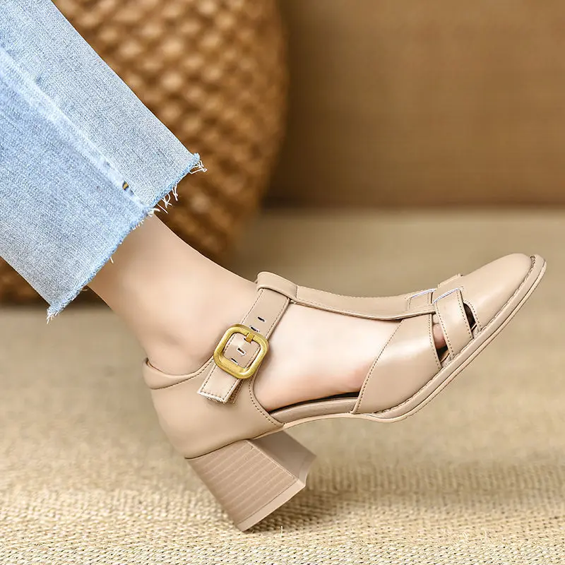 Neue 2026 Mode Echtleder-Sandalen für Damen mit Dicken Hohen Absätzen Büro-Kleiderschuhe Sommer-Damenschuhe Elegantes Schuhwerk – Detail 7