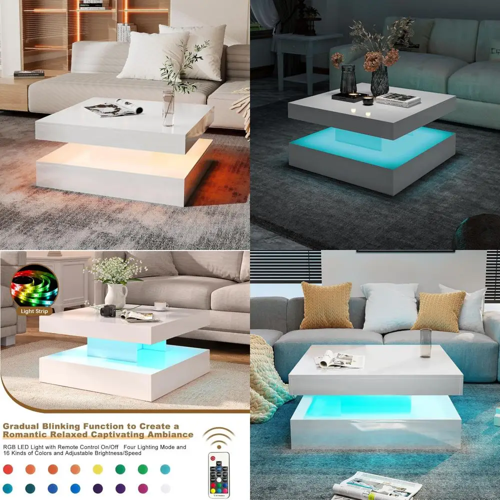 Tavolino da caffè moderno quadrato a LED a 2 livelli per soggiorno, tavolo centrale contemporaneo in legno lucido con design elegante