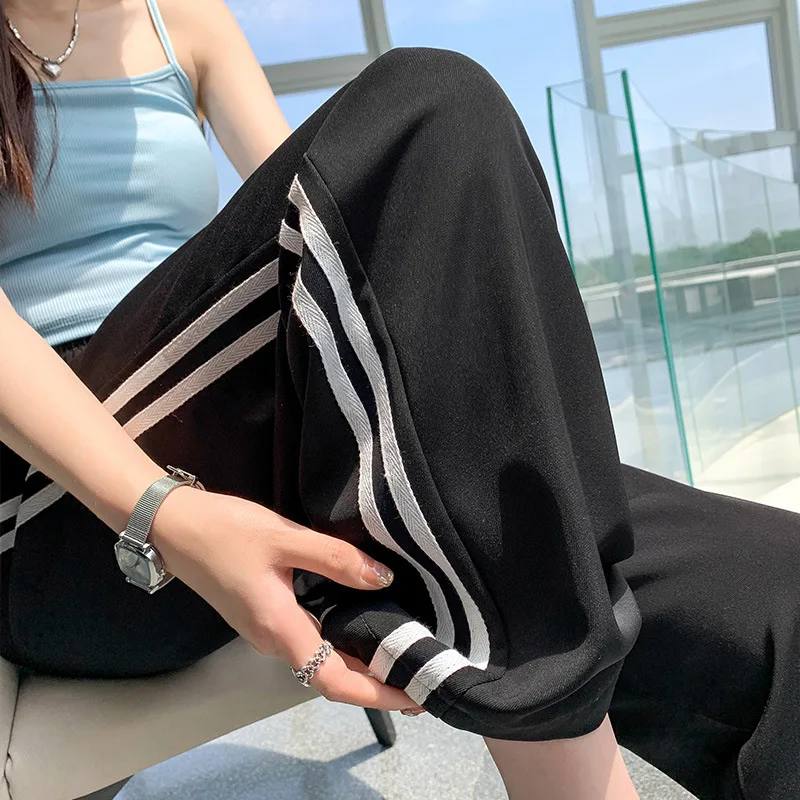 Mode Gestreepte Joggers Hiphop Vrouwen Hoge Taille Wijde Pijpen Sportbroek Streetwear Trekkoord Casual Rechte Broek Y 2K Broek