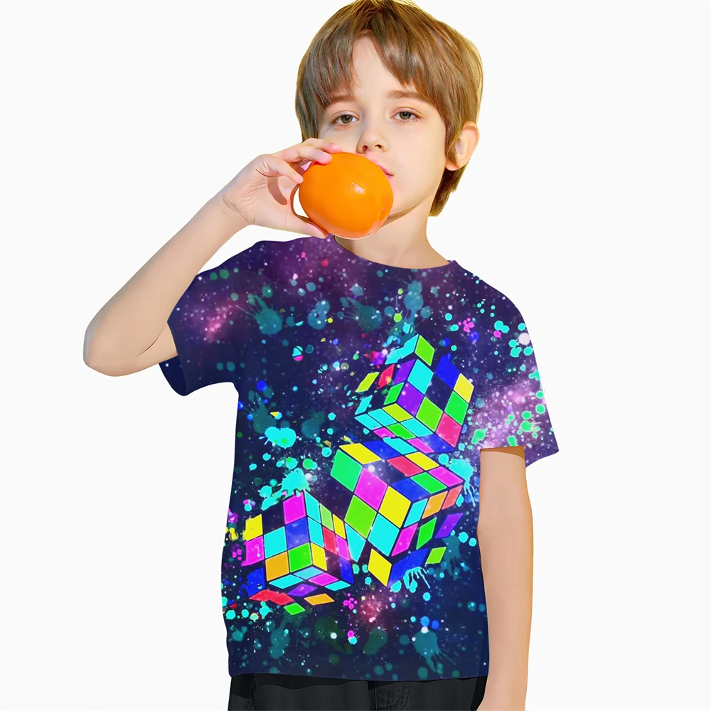 2024 Baby Clothes 3D Print Fun Rubik's Cube Children's Clothing T-Shirt Boys Casual T-Shirt Short Sleeve Children Summer Clothes