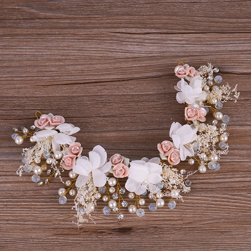 Gold Flower Tiara Headbands Pearl Crystal Bridal Hair Accessories For Women Wedding Hairbands Handmade Headpiece Hair Ornaments