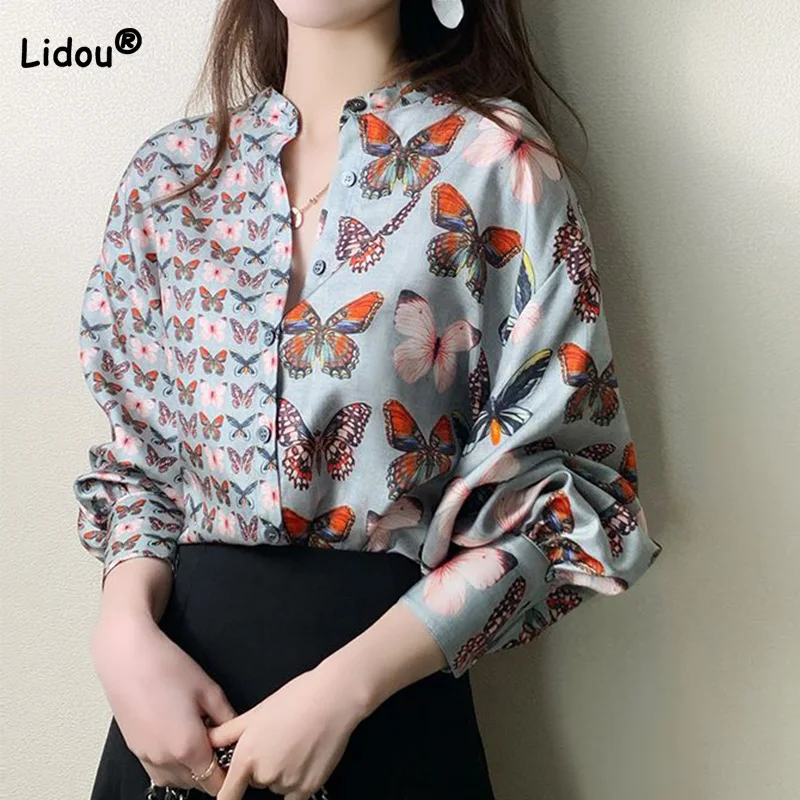 Spring Autumn Female Clothing Butterfly Print Chiffon Lantern Long Sleeved Shirt Korean Stand Collar Patchwork Button Blouses