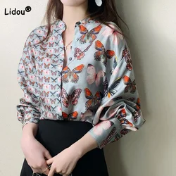 Blusa de gasa con estampado de mariposa para mujer, camisa de manga larga con cuello levantado, botones de retazos, primavera y otoño