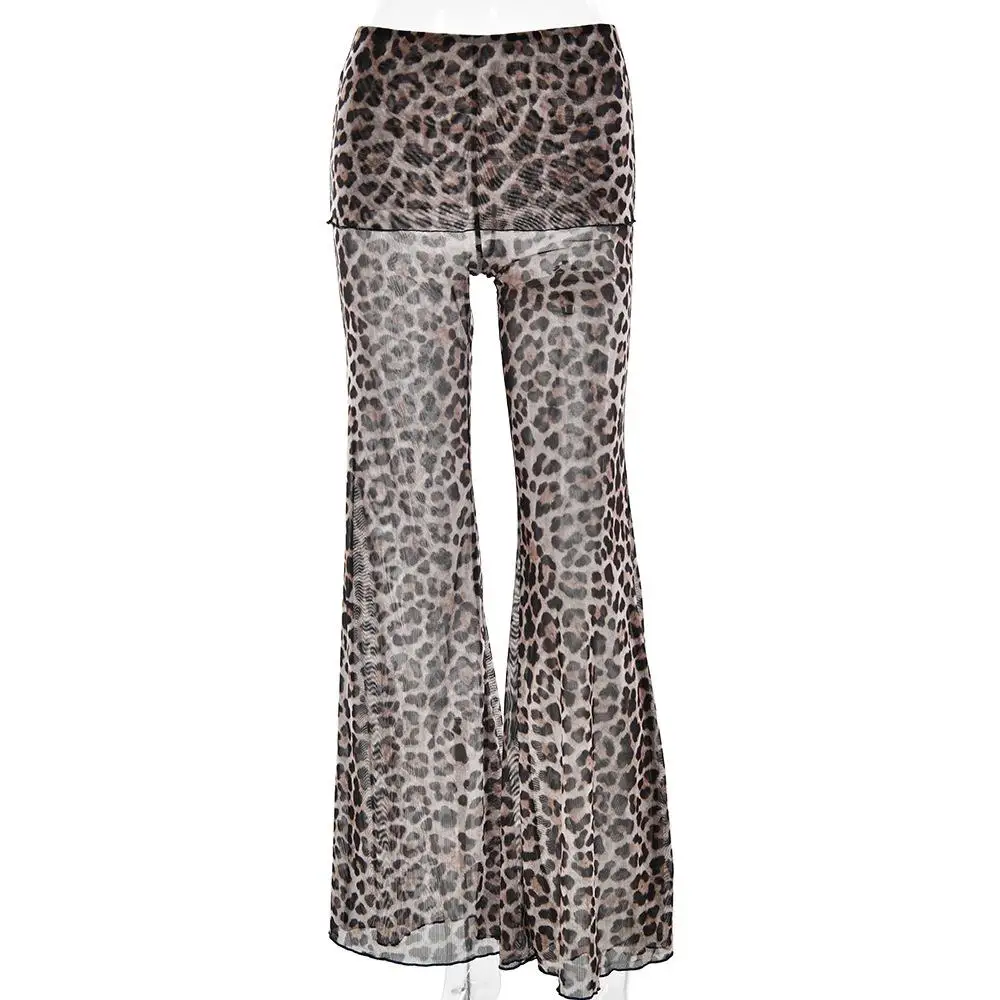 Summer New Fashion Sexy Leopard Print Mesh Long Pants Women's High Waist Flared Pants Cross-Border Hot Sale Casual Trousers