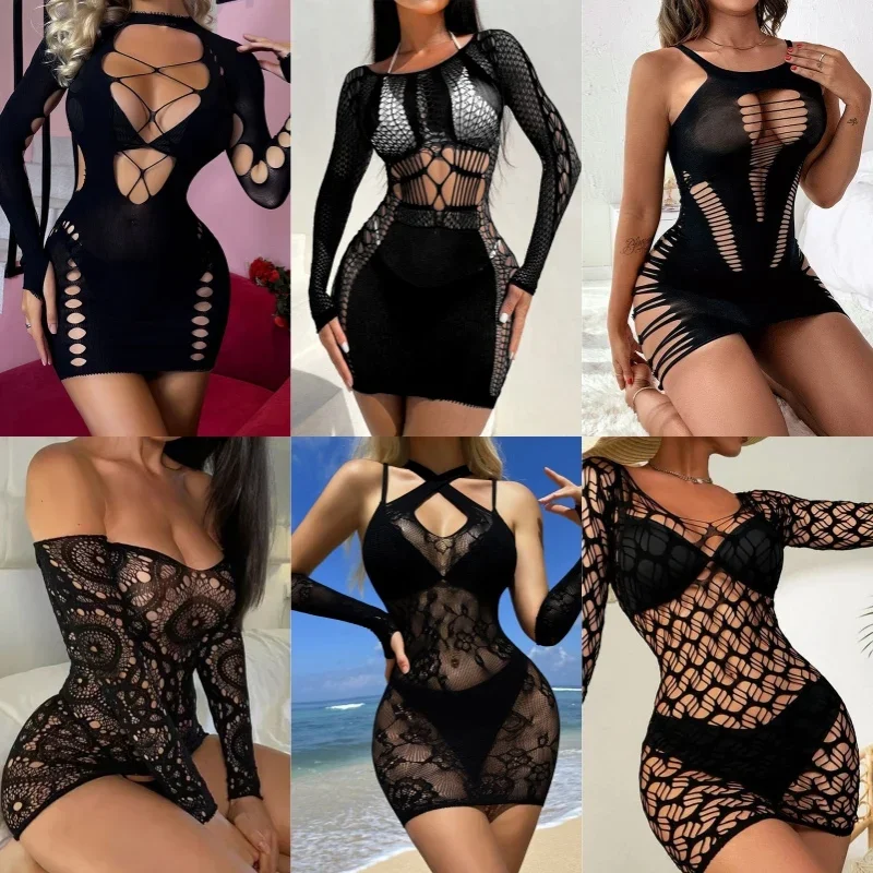23 Styles Black Fishnet Lenceria Erotica Mujer Sexi Hollow Out Perspective Babydoll Chemise Hot Summer Beach Bikini Dress