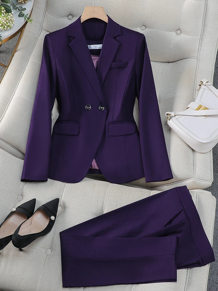 Purple Gray Navy Solid Women Pant Suit Office Ladies Female Business Work Wear 2 Piece Set Formal Blazer Jacket And Trouser